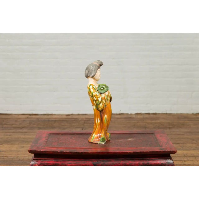 Chinese Court Lady Statue with Egg and Spinach Pattern Kimono and Holding a Dog For Sale - Image 11 of 13