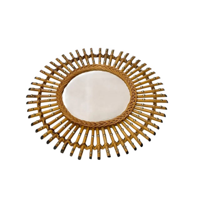 Mid-Century Modern Mid-Century Italian Rattan & Bamboo Sunburst Mirror With Brass Accents For Sale - Image 3 of 15