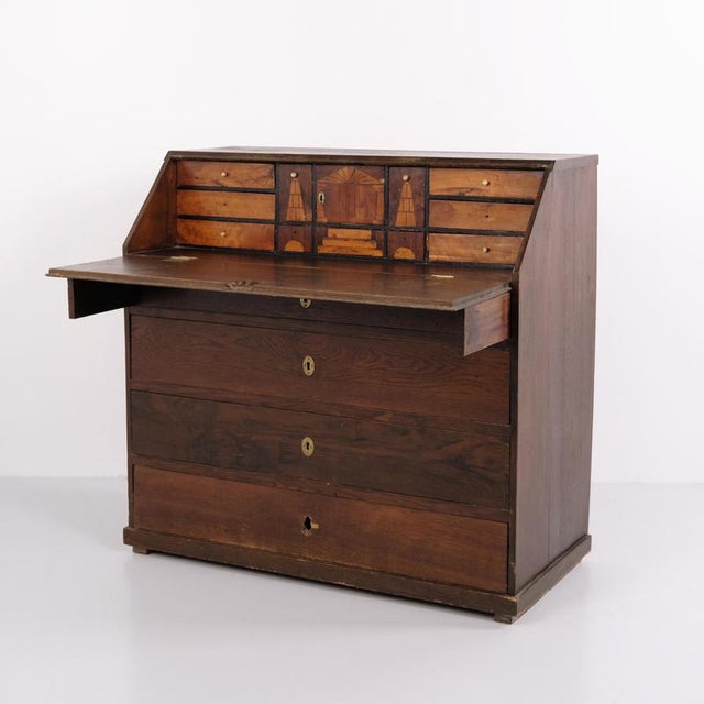 Antique Empire Oak Secretary Desk with Inlay and Brass Fittings, 1840s For Sale - Image 12 of 13