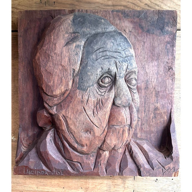 Vintage Hand-Carved Wood Relief Portrait Sculpture – Signed Folk Art Wall Hanging For Sale - Image 4 of 11