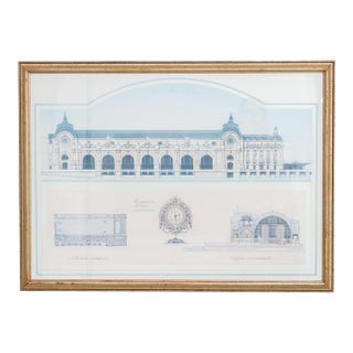 Vintage Framed Architectural Print With Classical Building Elevations For Sale