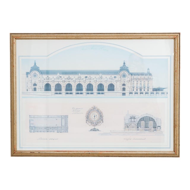 Vintage Framed Architectural Print With Classical Building Elevations For Sale