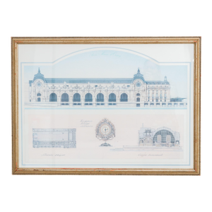 Vintage Framed Architectural Print With Classical Building Elevations