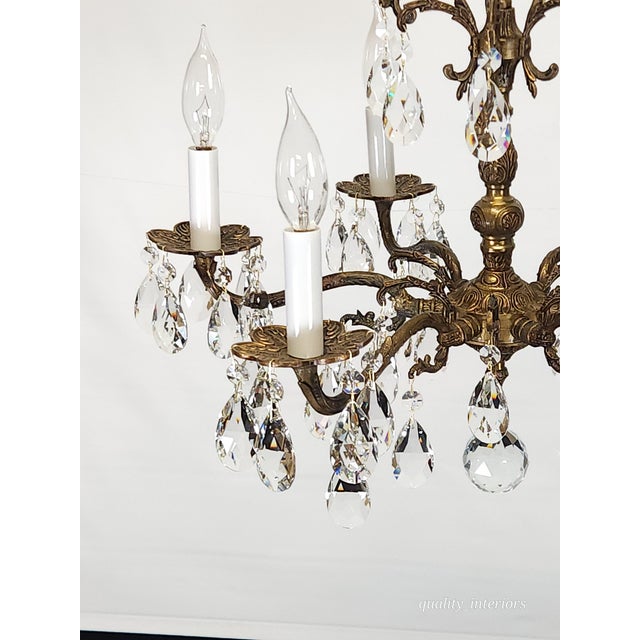 Brass Vintage 6 Arm 6 Light Dark Patina Swanky Brass Cut Lead Glass Crystal Chandelier For Sale - Image 8 of 12