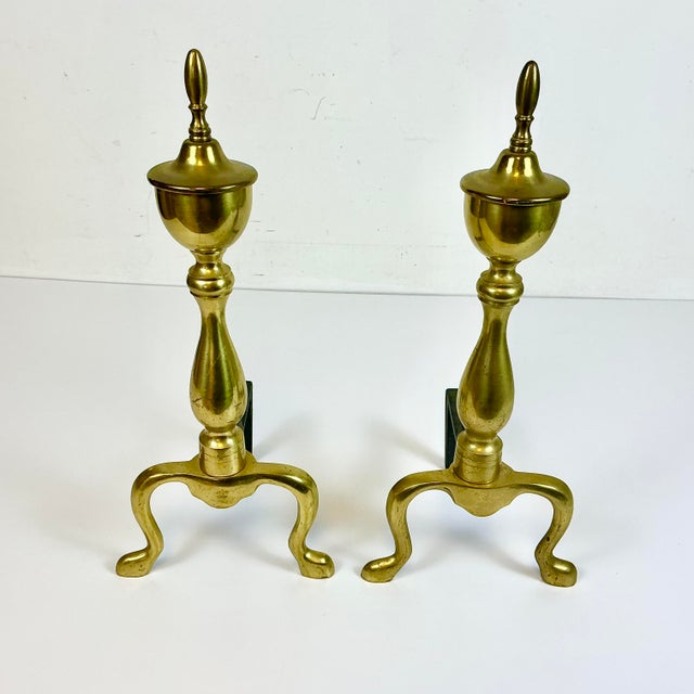 Metal Mid-Century Traditional Federal Arts & Crafts Brass Andirons - A Pair For Sale - Image 7 of 12