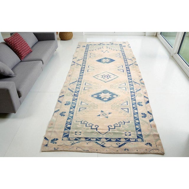 Handmade Beige and Blue Oushak Wool Runner Rug For Sale - Image 11 of 11