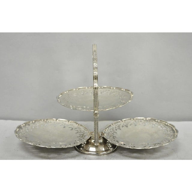 Queen Anne Vintage Queen Anne Style Silver Plated 3 Tiered Folding Cake Dessert Stand Tray For Sale - Image 3 of 18