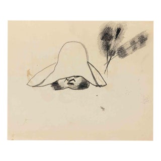 Mino Maccari, Portrait, Charcoal Drawing on Paper, 1960s For Sale