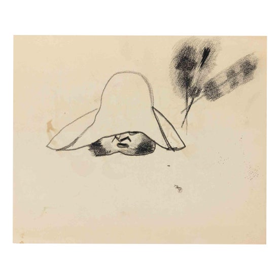 Mino Maccari, Portrait, Charcoal Drawing on Paper, 1960s For Sale