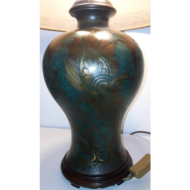 Beige Table Lamp with Green Patinated Brass Base & Parchment Shade with Brown Border, 1930s For Sale - Image 8 of 10