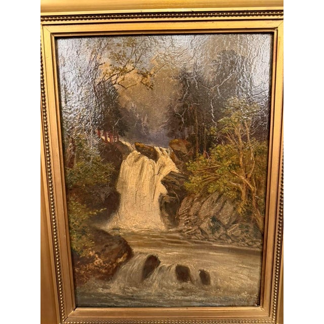 19th Century European Alpine Landscape Oil on Board With Hand-Carved Gilt Frame, Circa 1870 For Sale - Image 13 of 13