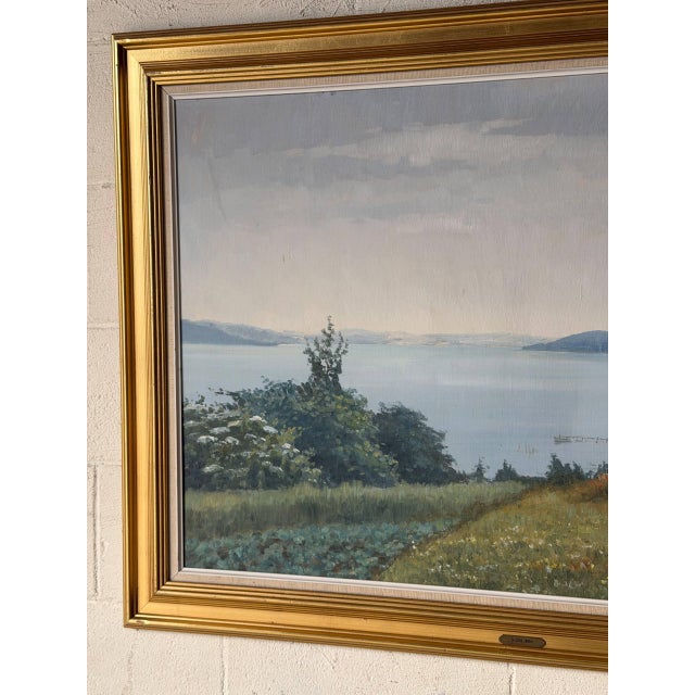 Blue Thorbjørn Fjord Landscape Oil Painting Vintage Danish Mid-Century 1960s For Sale - Image 8 of 11