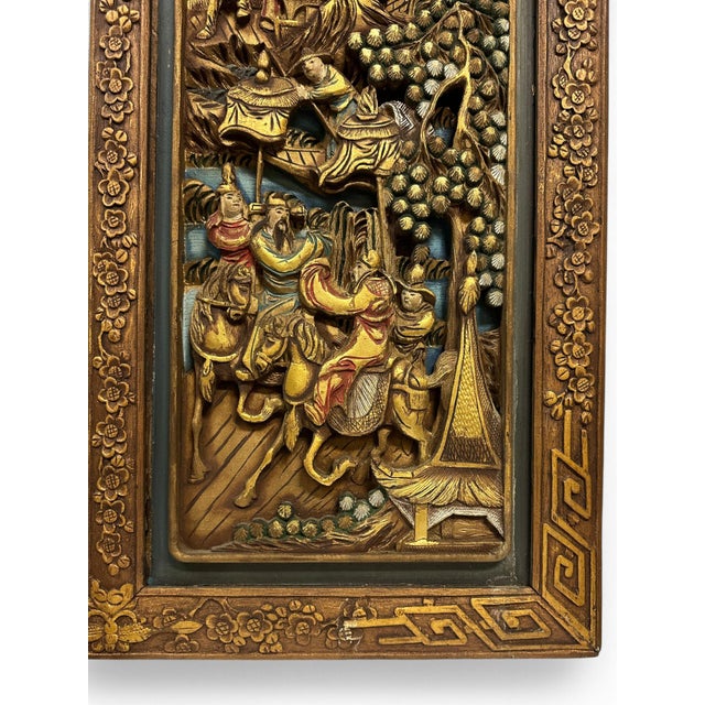 1900 - 1909 Antique Chinese Two-Panel Carved Wood and Polychromed Mirror, Circa 1900 For Sale - Image 5 of 12