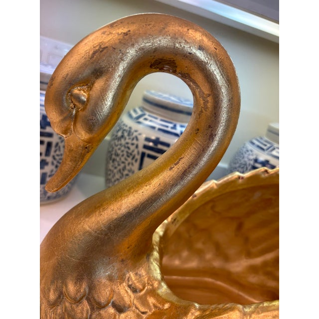 Fitz and Floyd Large Hand Gilded Ceramic Swan Centerpiece Bowl Cachepot in Distressed Gold Leaf Finish For Sale - Image 4 of 16