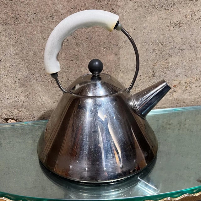 Modern 1980s Vintage Alessi Tea Kettle Stainless White Italy For Sale - Image 3 of 12