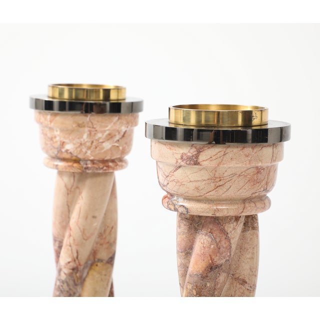 1980's Spiral Marble Steel and Brass Large Candle Holder For Sale - Image 11 of 17