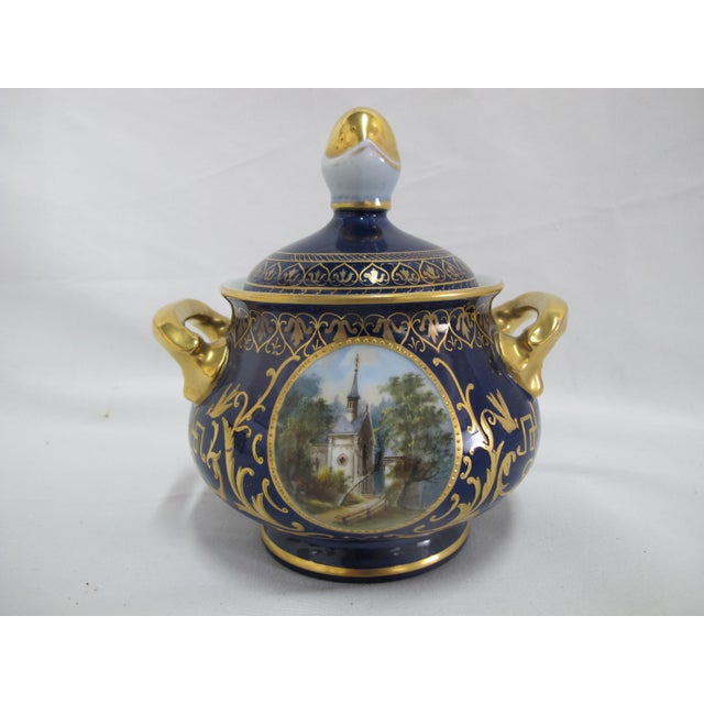 Art Nouveau 19th Century Art Nouveau Hermann Voigt Karlsbad 19thc Gilt Hand Painted Church Landscape Porcelain Sugar Bowl For Sale - Image 3 of 14