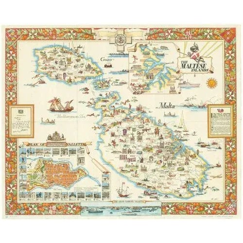 "The Maltese Islands" Vintage travel advertising poster with a detailed, illustrated map of Malta, Comino and Gozo in full...
