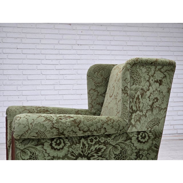 Danish Armchair in Green Velour and Carved Oak, 1950s For Sale - Image 16 of 18