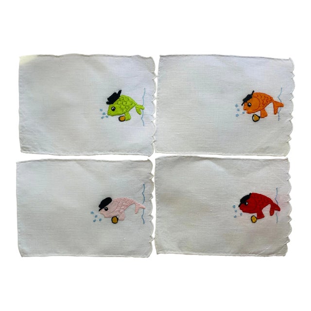 Vintage Madeira Linen Appliqué School of Fish Cocktail Napkins, Set/4 For Sale