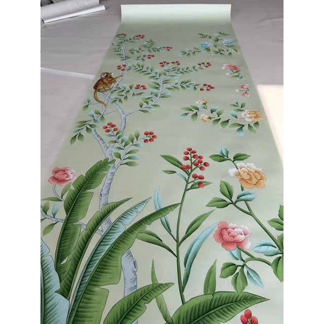 Chinoiserie Tropical Hand-Painted Wallpaper Panels, Soft Grey-Green Background With Exotic Floral, Bird & Monkey Mural, Set of 6 For Sale - Image 6 of 7