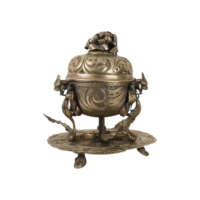 Metal Indian Lidded Footed Silver Alloy Censer W Stand For Sale - Image 7 of 7