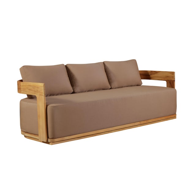 Wood Eclipse Outdoor Solid Teak Wood Sofa - Light Brown Fabric For Sale - Image 7 of 10