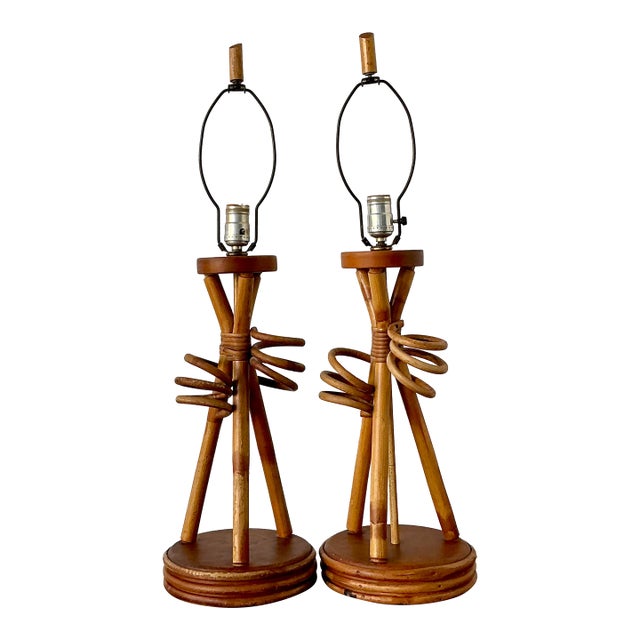 Vintage Twisted Rattan Lamps - A Pair For Sale