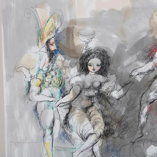 A Mid-Century Modern pen and watercolor painting depicts surreal courting scene, signed lower right Emil, framed, circa...