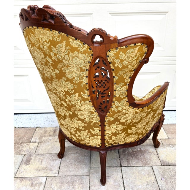 Wood Victorian Rococo Revival Carved Bird Crest Music Room Wingback Armchair For Sale - Image 7 of 18