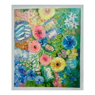 Modern Abstract Floral Painting on Canvas, 20 X 24, Unstretched, by Youn Cho For Sale