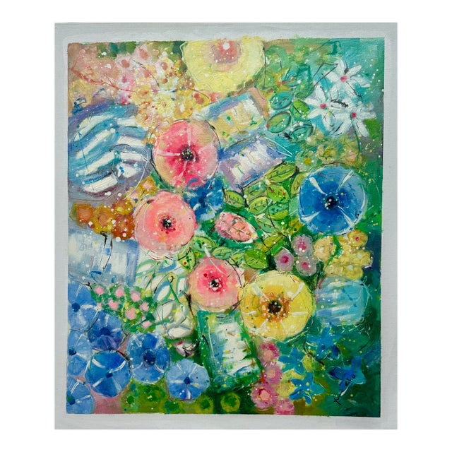 Modern Abstract Floral Painting on Canvas, 20 X 24, Unstretched, by Youn Cho For Sale