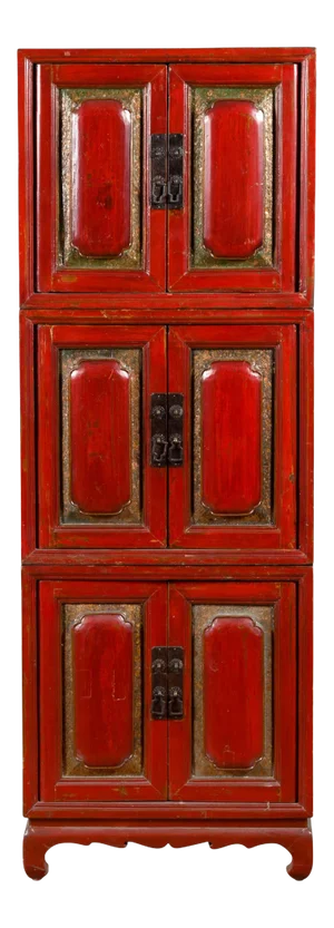 Chinese Early 20th Century Red Lacquer Three-Section Stackable Cabinet