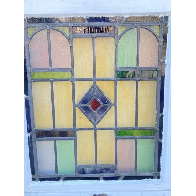 Early 20th Century Antique Art Deco Leaded Stained Glass Pink Green Blue Yellow Windows - A Pair For Sale - Image 5 of 12