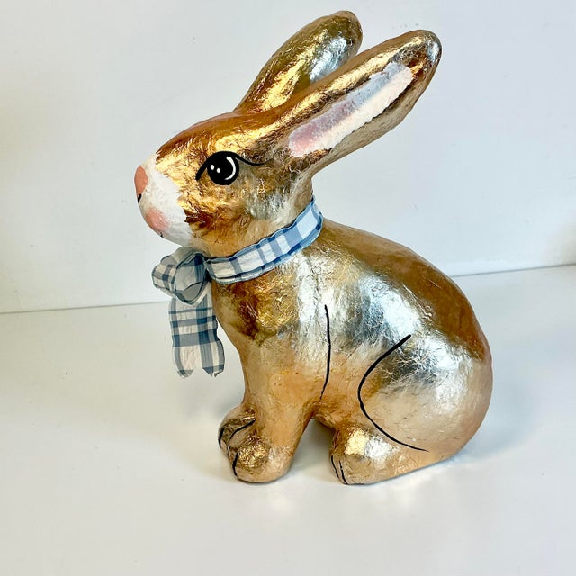 Gold 1980s Vintage Arts & Crafts Boho Chic Foil Covered Hand-Painted Papier Mache’ Bunny - Easter For Sale - Image 8 of 18