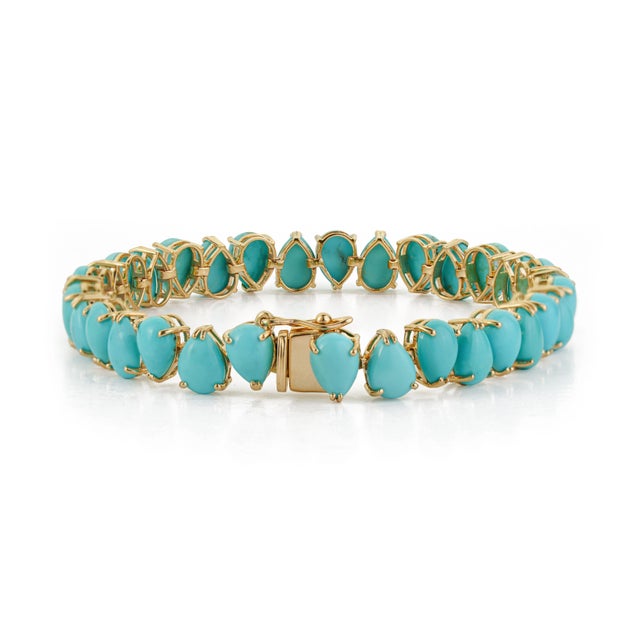 19.77ct Natural Turquoise Pear-Shaped Cabochon Tennis Bracelet 14k Yellow Gold For Sale - Image 9 of 16