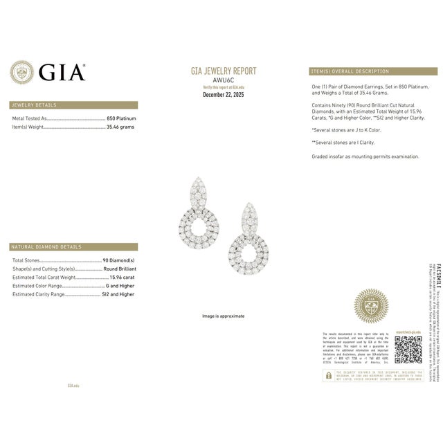 Metal Vintage Gia 15.96 Carat Total Weight Diamond Platinum Cocktail Earrings, A Pair For Sale - Image 7 of 7