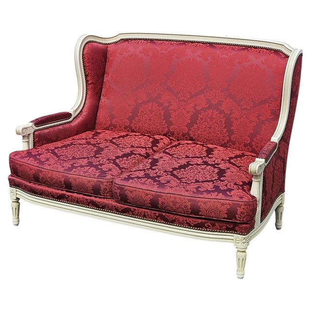 Textile Antique Louis XVI French Damask Canape Two-Seater Settee, 1900s For Sale - Image 7 of 18