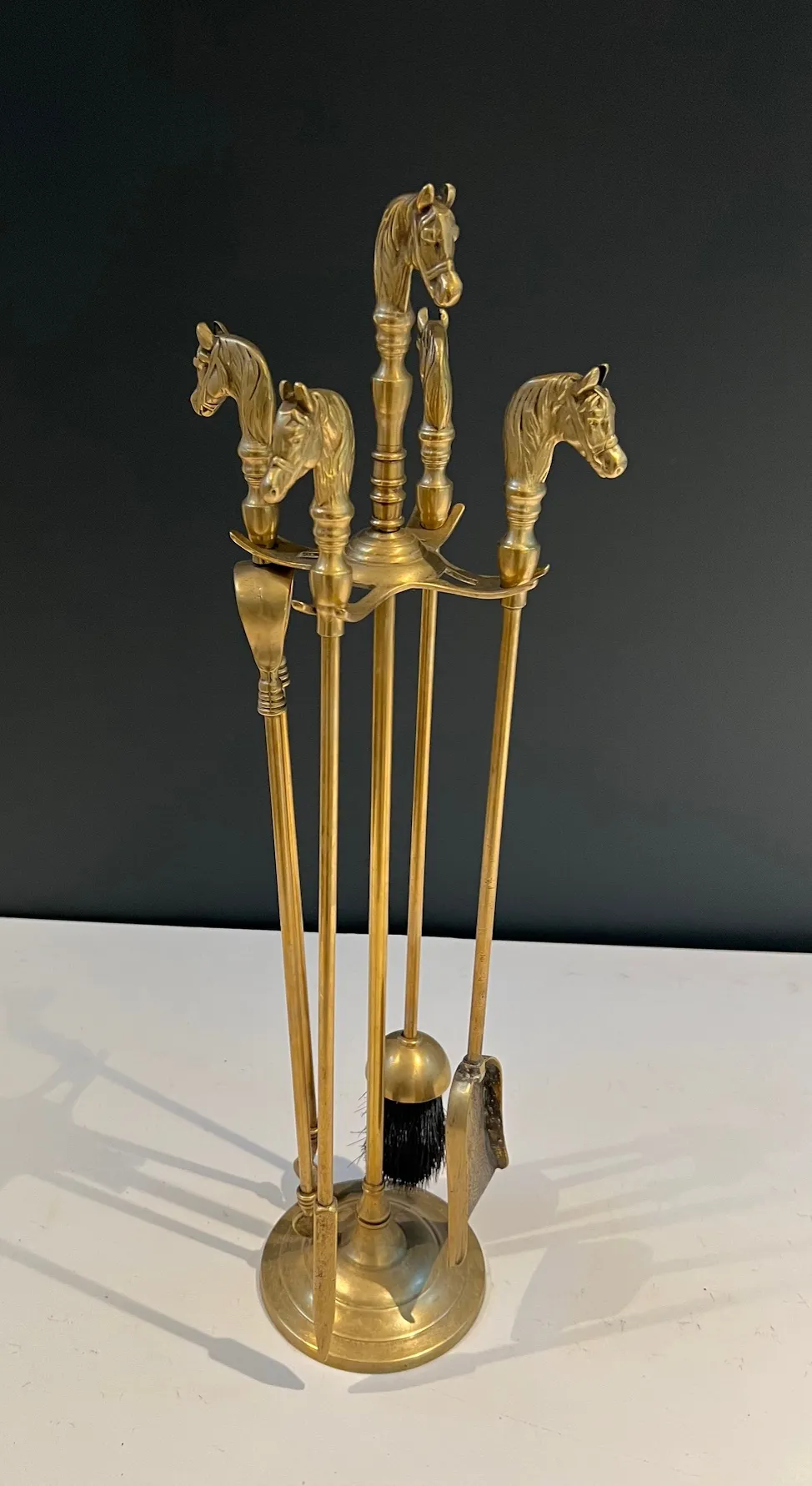 Circa 1970 Neoclassical Style Brass Horse Heads Fireplace Tools on