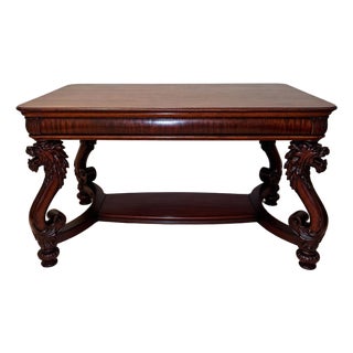 Antique Carved Mahogany Library Table With Lion Head Legs, C. 1900–1915 For Sale