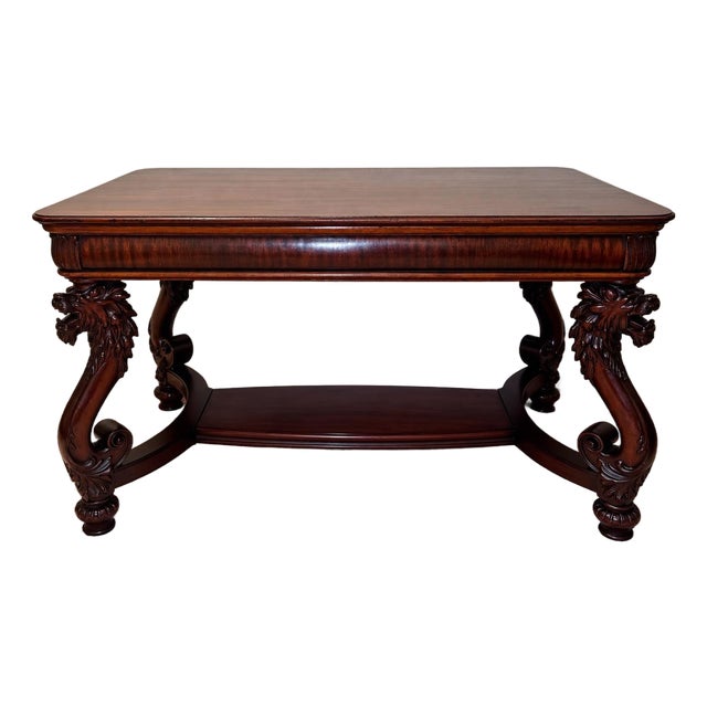 Antique Carved Mahogany Library Table With Lion Head Legs, C. 1900–1915 For Sale