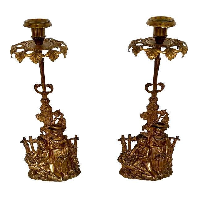 19th Century Gilt Bronze Figural Candlesticks - Set of 2 For Sale