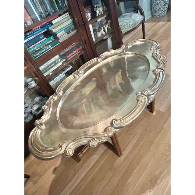 Vintage Hollywood Regency Brass Tray Top on Faux Bamboo Base Coffee Table For Sale In New Orleans - Image 6 of 14