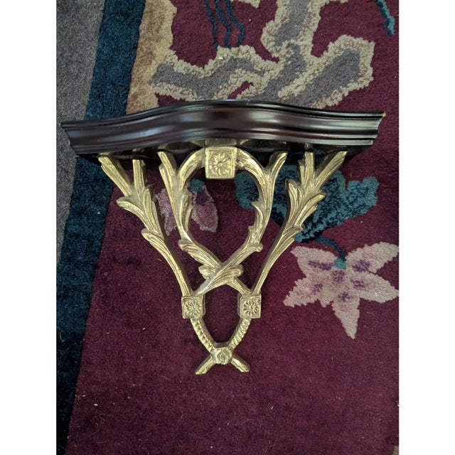 French Vintage Chelsea House Polished Brass Laurel Leaves and Wood Decorative Wall Brackets- A Pair For Sale - Image 3 of 9