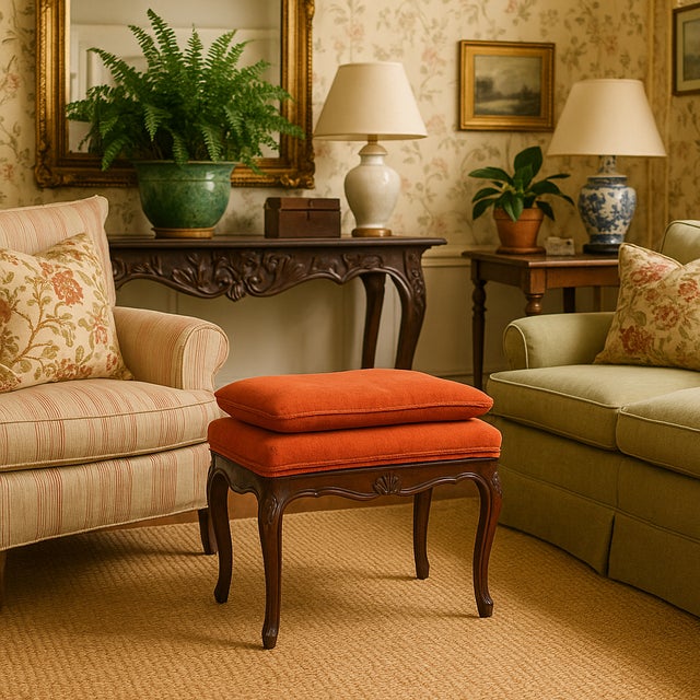 Burnt Orange Mid 20th Century Pair of Kindel French Provincial Carved Footstools With Burnt Orange Upholstery For Sale - Image 8 of 9
