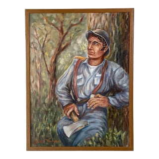Mid-Century Figurative Oil Painting of Woodsman by Jules Wisneski For Sale