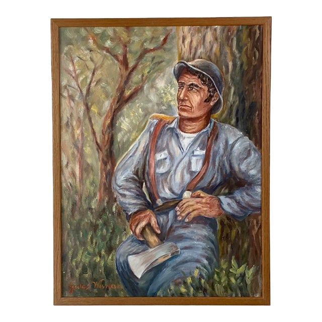 Mid-Century Figurative Oil Painting of Woodsman by Jules Wisneski For Sale