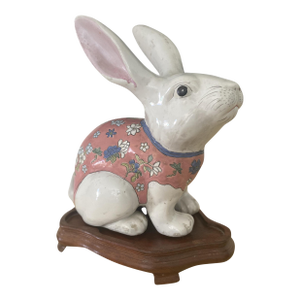 Vintage Hand Painted Bunny Rabbit With Jacket on Wood Stand