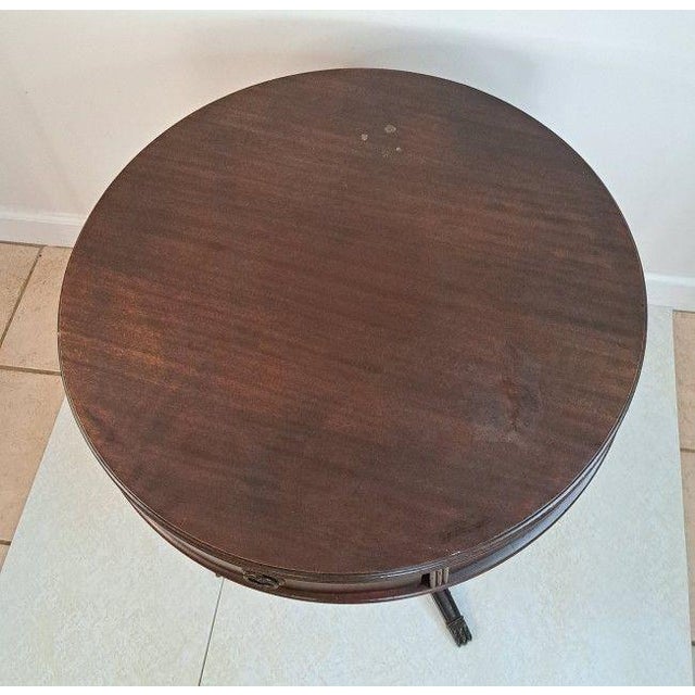 1920s 1920s–30s Federal/Hepplewhite Revival Mahogany Drum Table Paw Feet Single Drawer For Sale - Image 5 of 12