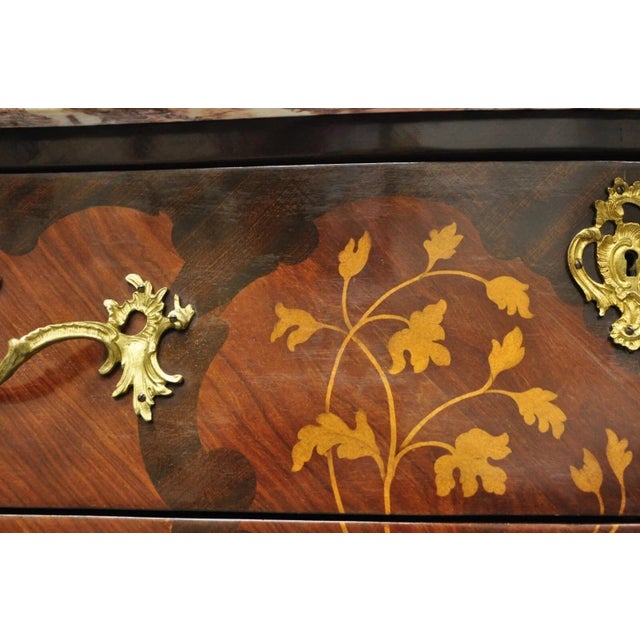 Late 20th Century French Louis XV Style Marble Top Marquetry Inlay & Bronze Bombe Commode Dresser For Sale - Image 11 of 12